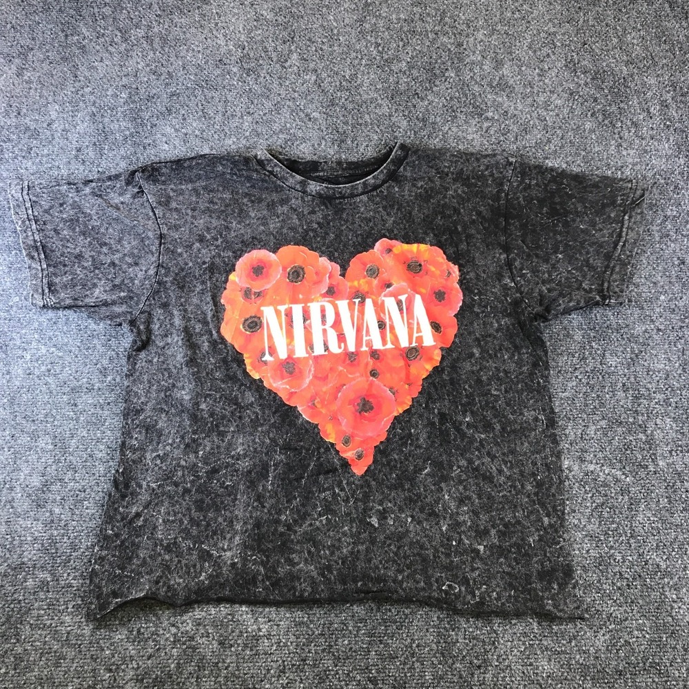 Nirvana T-Shirt Womens Medium Gray Poppy Heart Graphic Print Cotton Short Sleeve